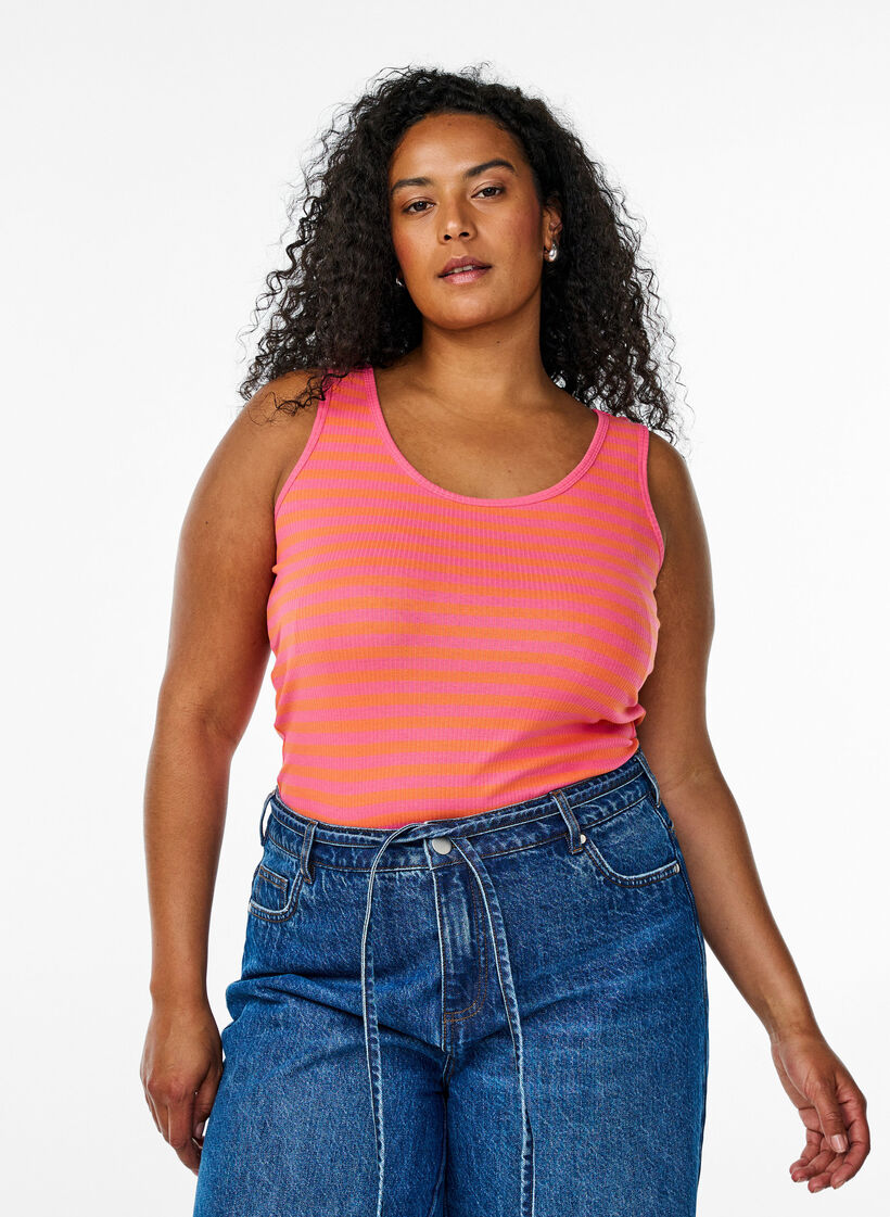 Stribet tanktop med ribstruktur, Orange, Model image number 0