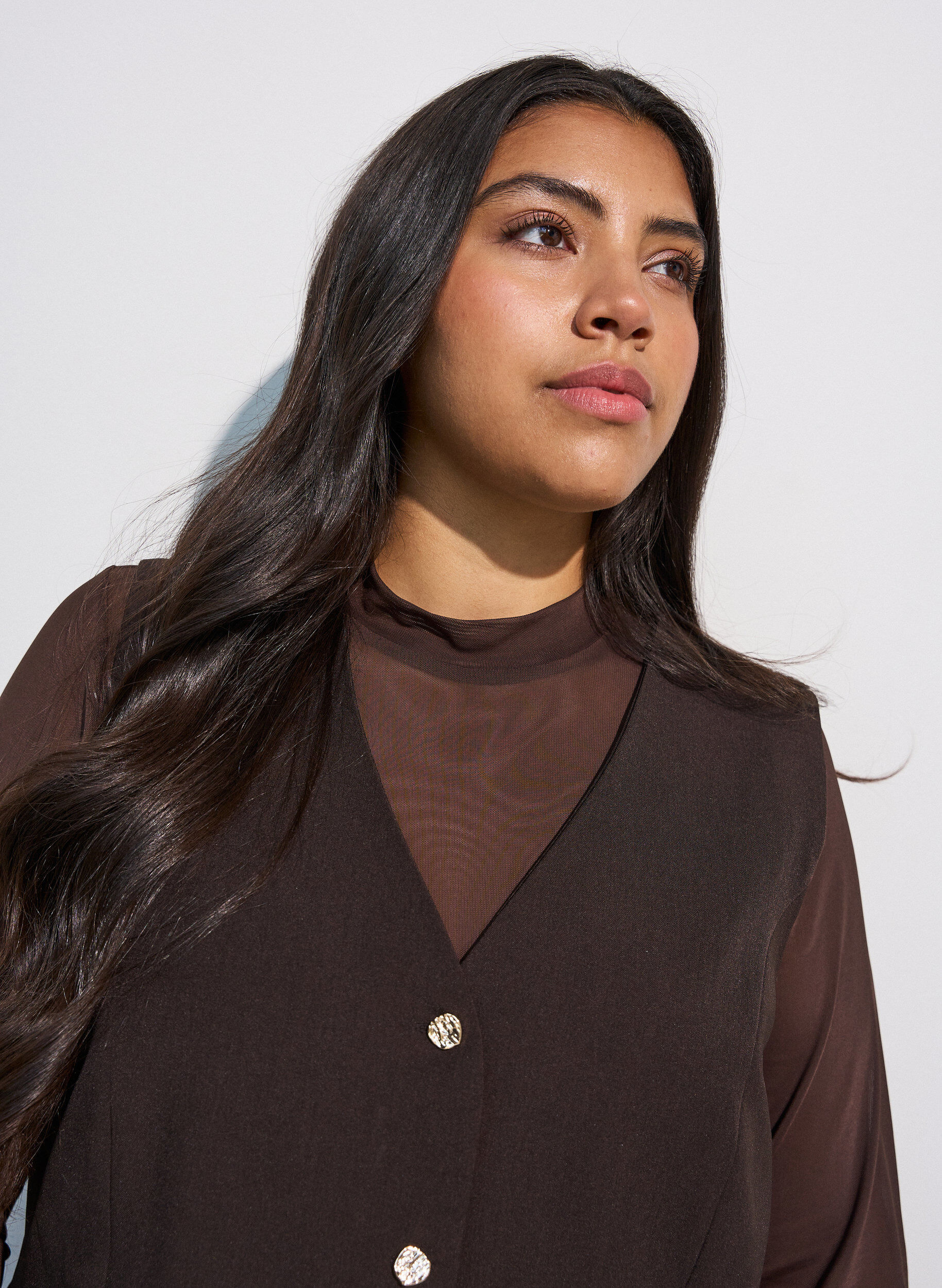 ZizziT&aelig;tsiddende meshbluse med lange &aelig;rmer, Brun, Model image number 3