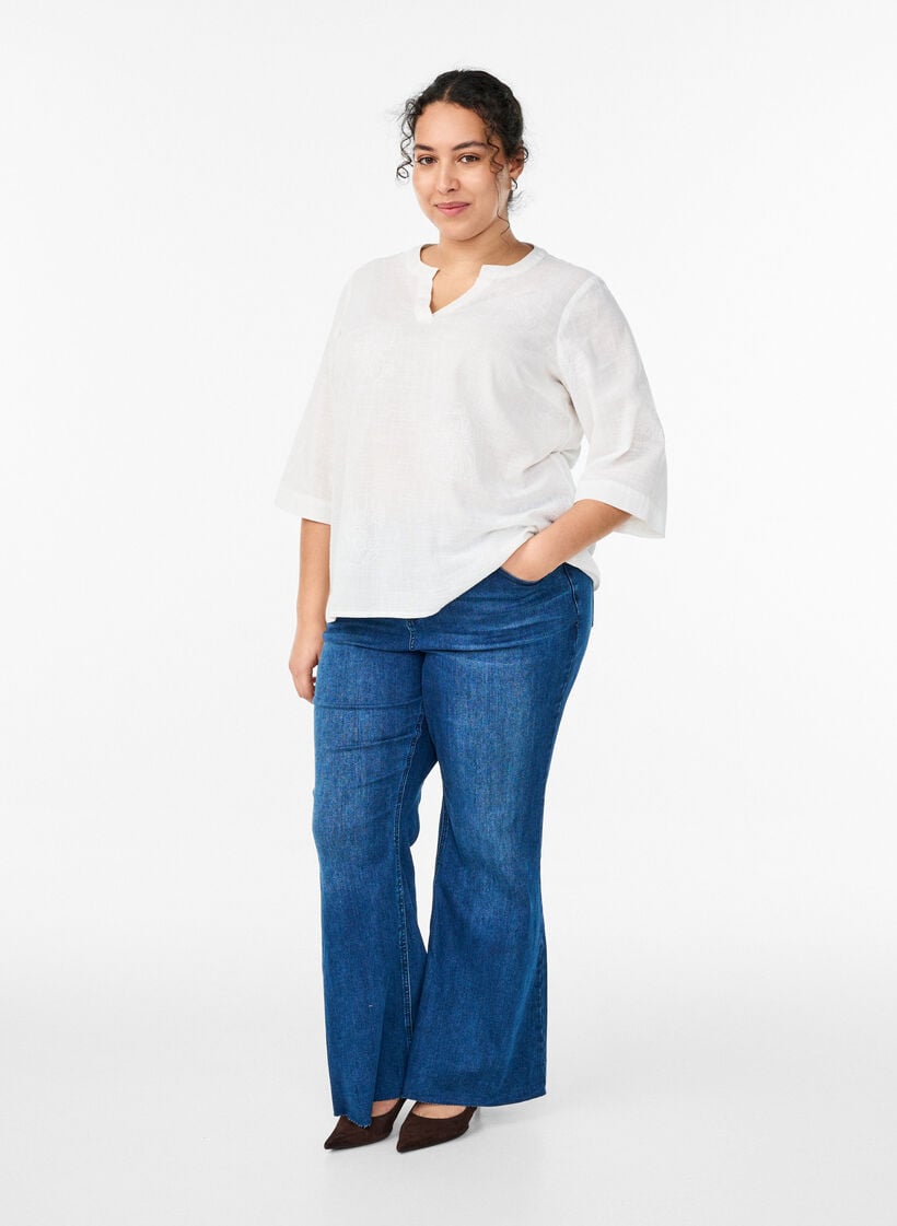 Bluse i bomuld med broderede detaljer og 3/4 &aelig;rmer, Hvid, Model image number 1