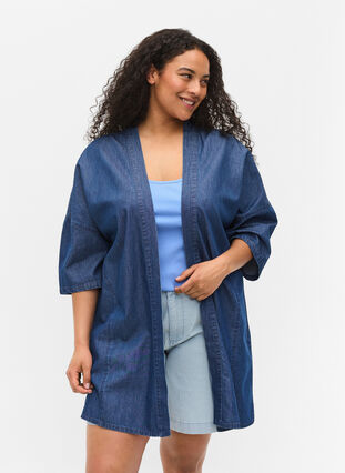 Denim kimono med 3/4 ærmer, Medium Blue Denim, Model image number 0