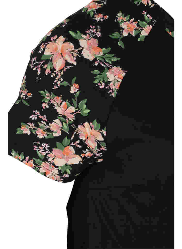 Kortærmet bomulds natkjole med printdetaljer, Black Flower, Packshot image number 3