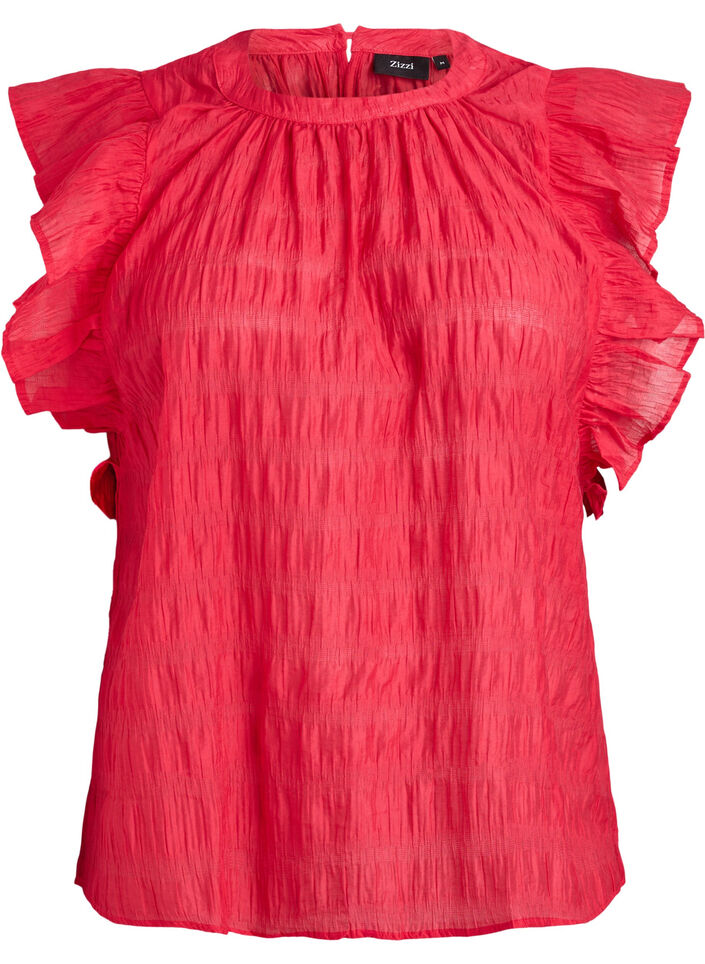 &AElig;rmel&oslash;s bluse med struktur og fl&aelig;ser, R&oslash;d, Packshot image number 0
