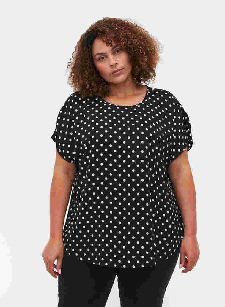 Bluse med korte ærmer og rund halsudskæring, Black w White Dot, Model image number 0