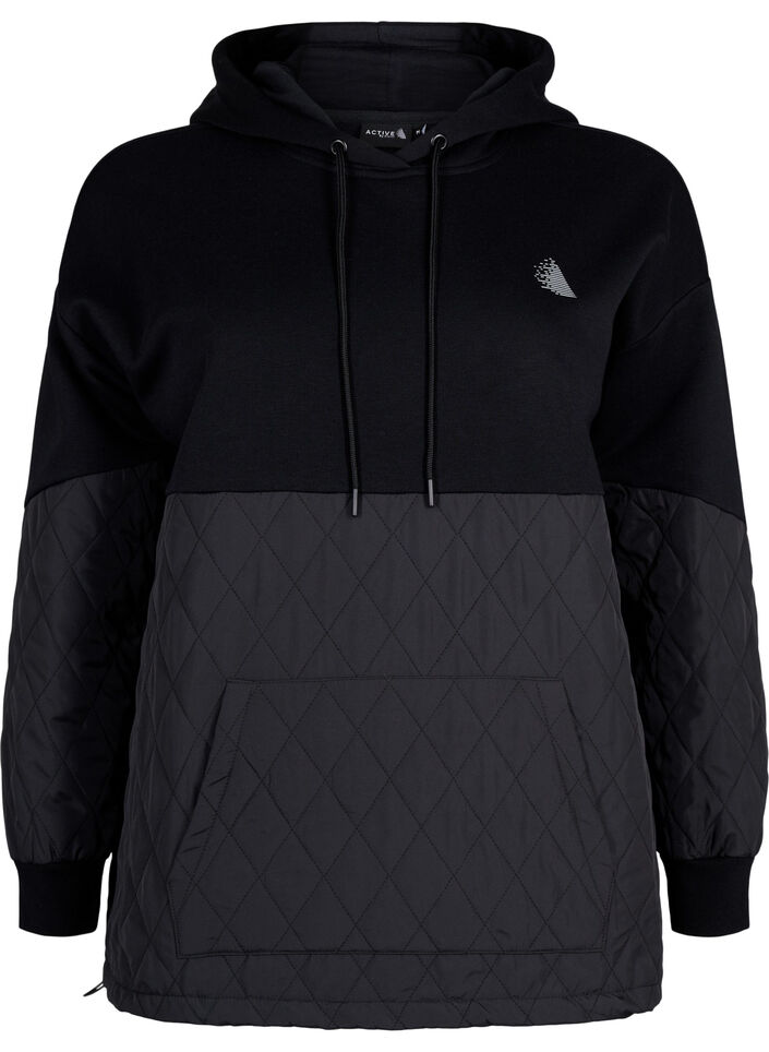 Sweatshirt med hætte og quilt, Black, Packshot image number 0