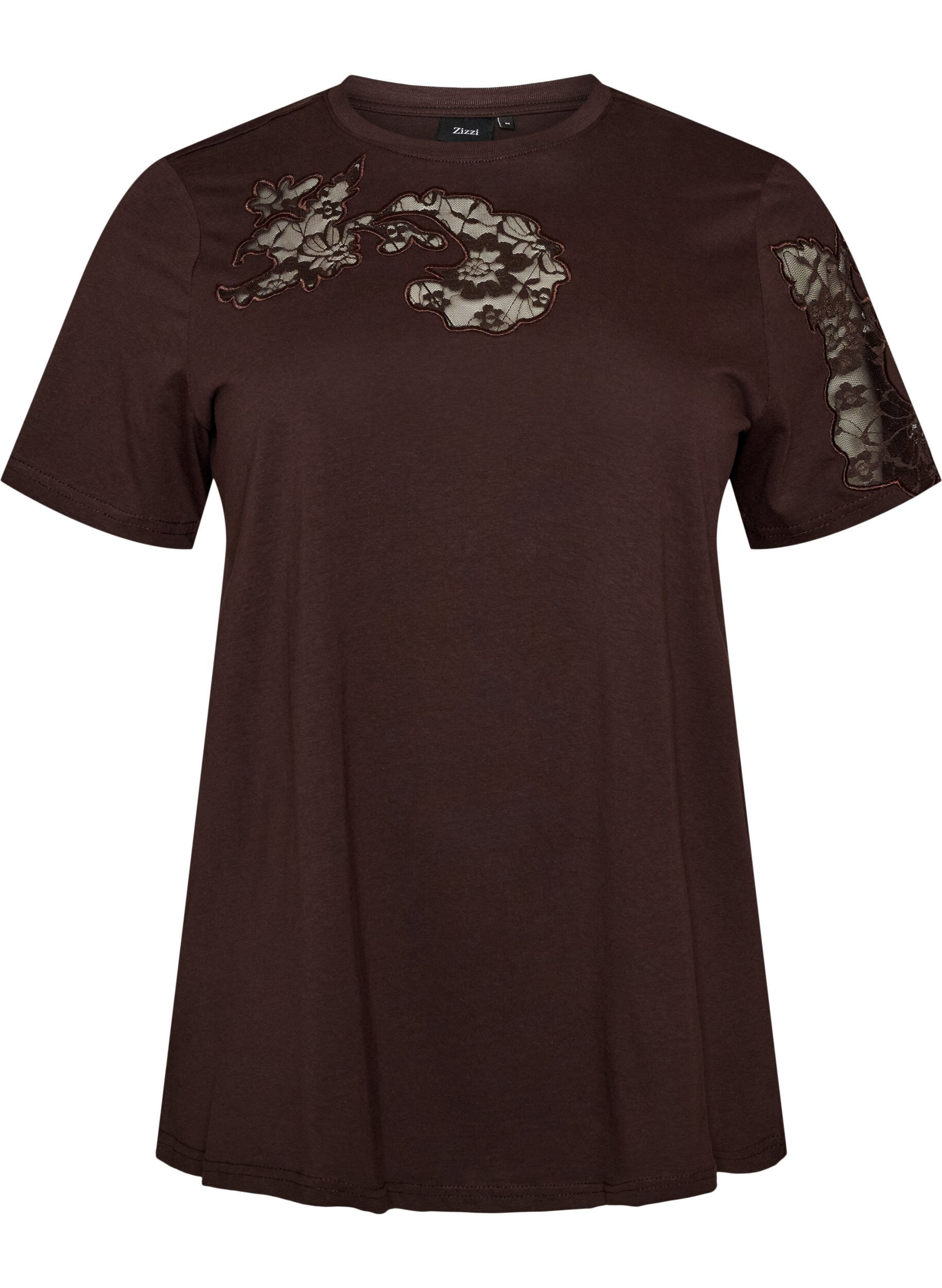 ZizziT-shirt i bomuld med blondeapplikationer, Brun, Packshot image number 0