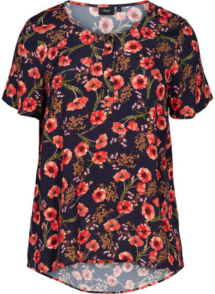 Blomstret viskose bluse med korte ærmer, Black Poppy Flower, Packshot image number 0