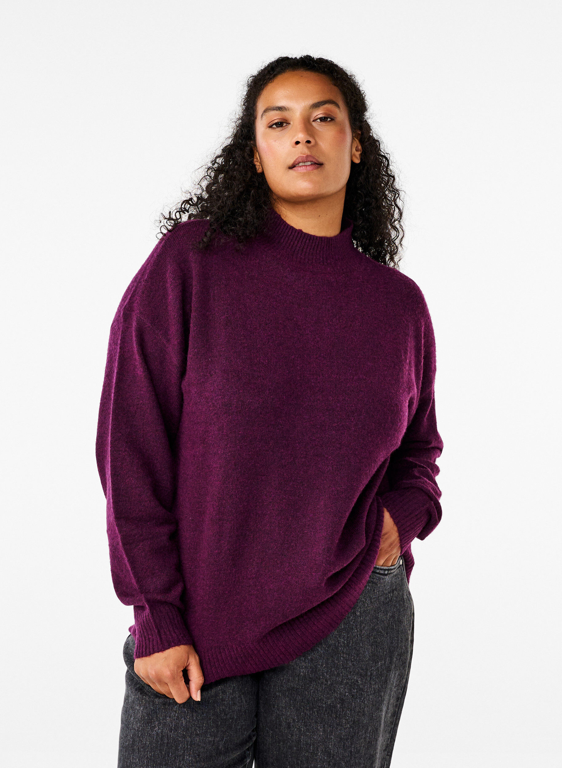 Zizzi Strikbluse med uld og h&oslash;j hals, Potent Purple Mel., Model image number 0
