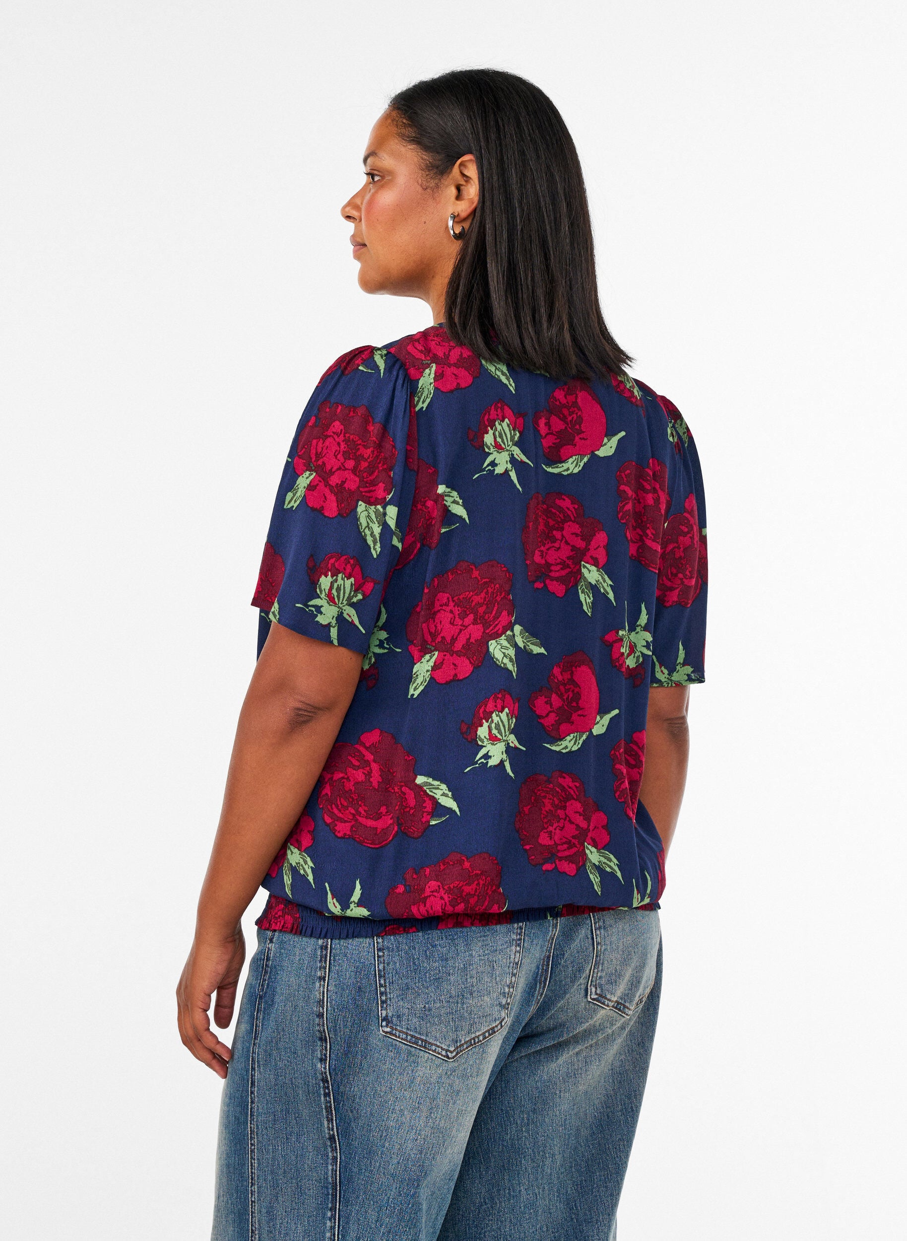 ZizziViskosebluse med blomsterprint og ballonform, Bl&aring;, Model image number 2