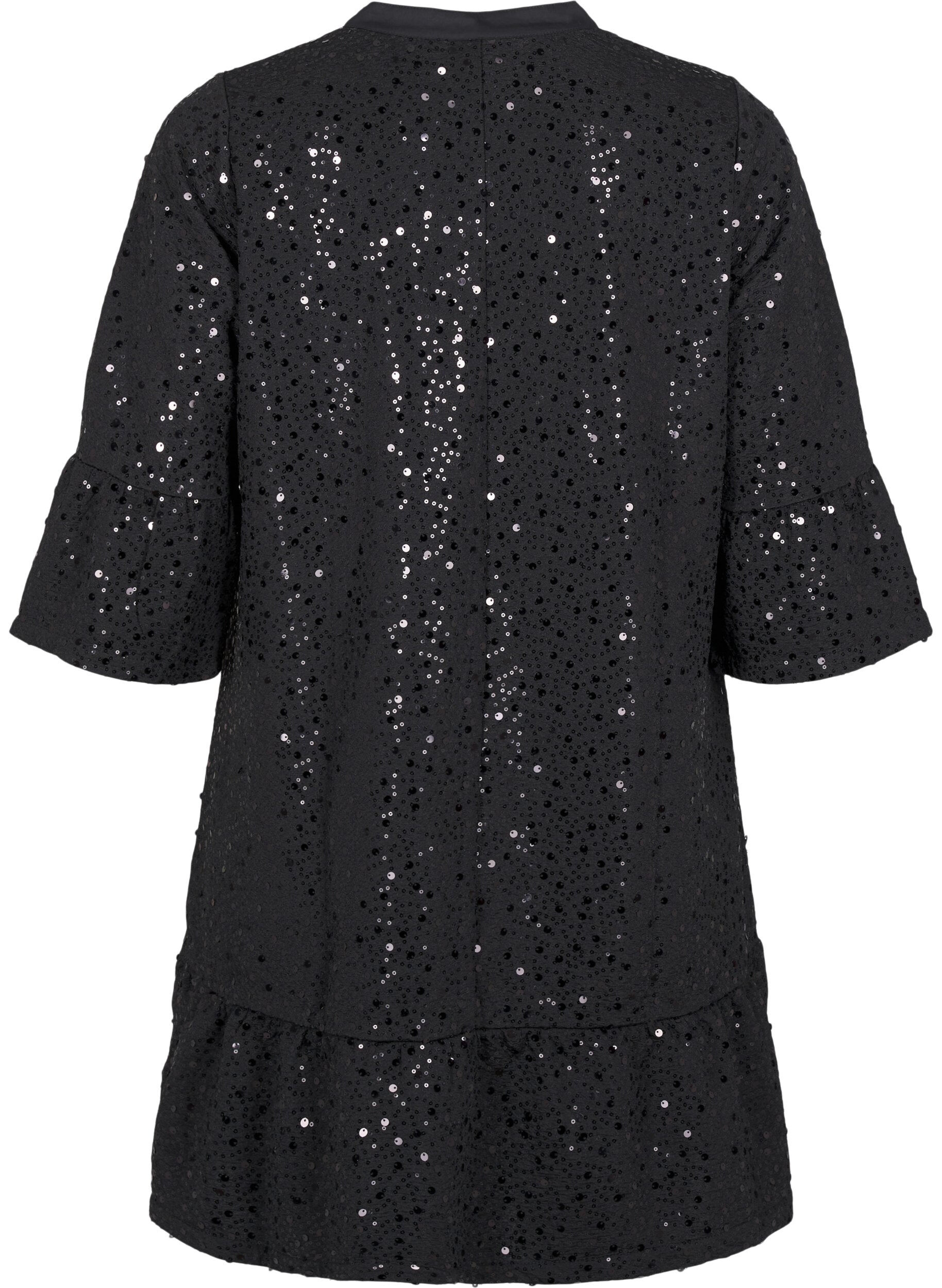 Zizzi Pailletkjole med V-udsk&aelig;ring og 3/4 &aelig;rmer, Black w. Bl. Sequins, Packshot image number 1