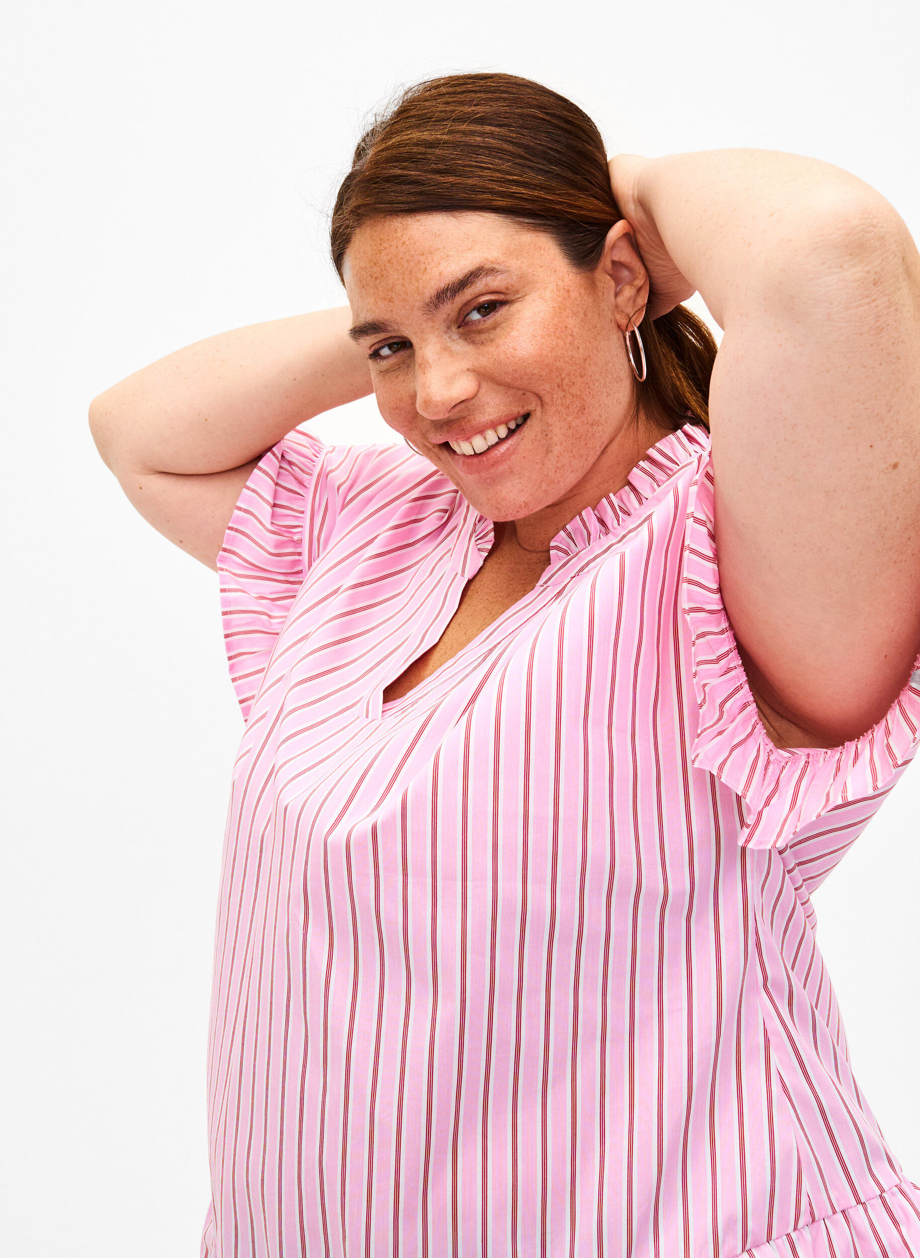 Zizzi Stribet bluse med peplum og fl&aelig;sedetaljer, Pink Red Stripe, Image image number 0
