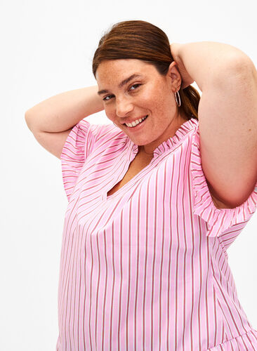Stribet bluse med peplum og flæsedetaljer, Pink Red Stripe, Image image number 0