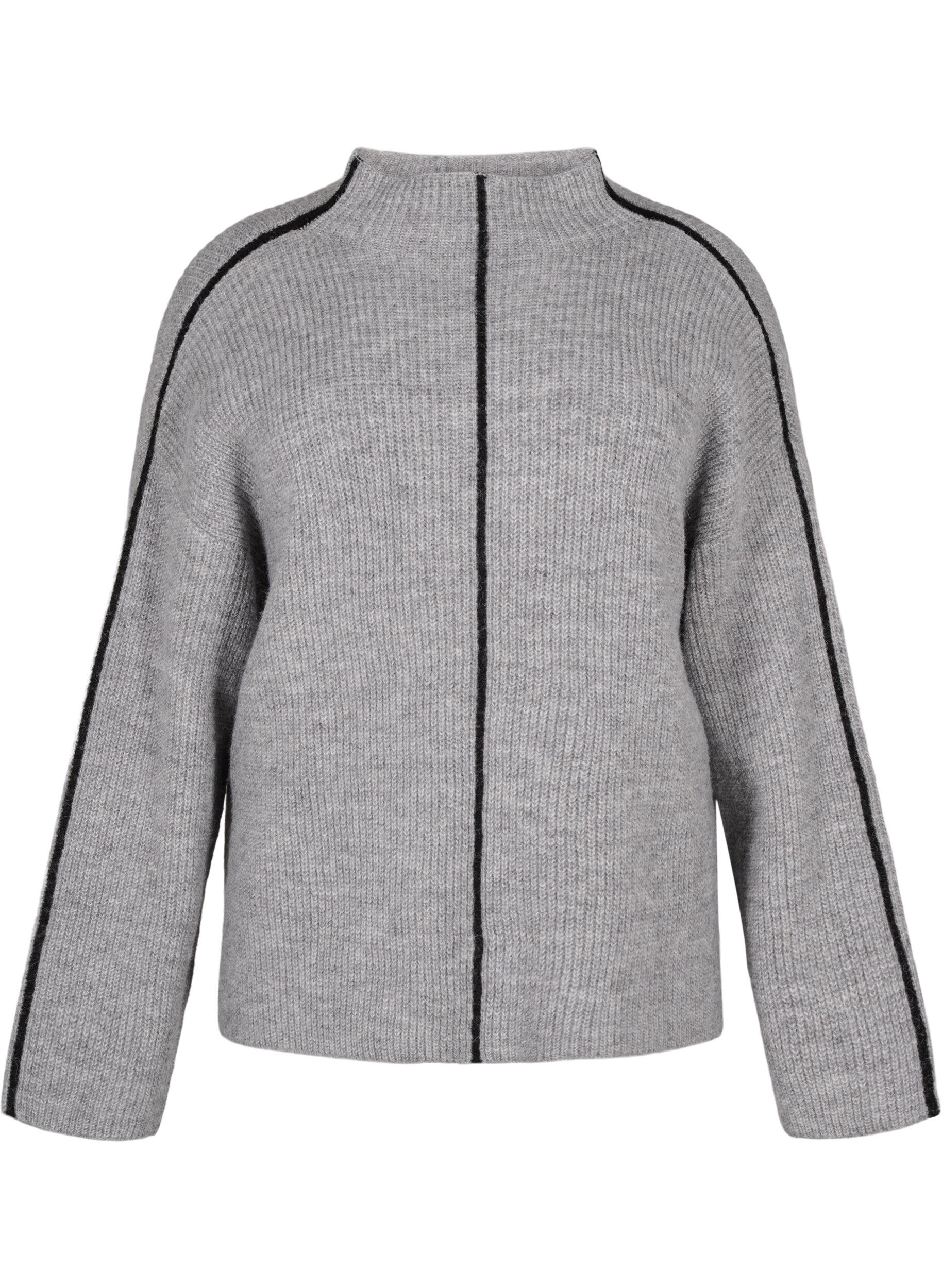 Zizzi Strikbluse med uld og kontrast striber, Medium Grey Melange, Packshot image number 0
