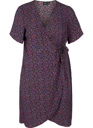 Wrap kjole i print med korte ærmer, Cobolt Blue Flower, Packshot image number 0