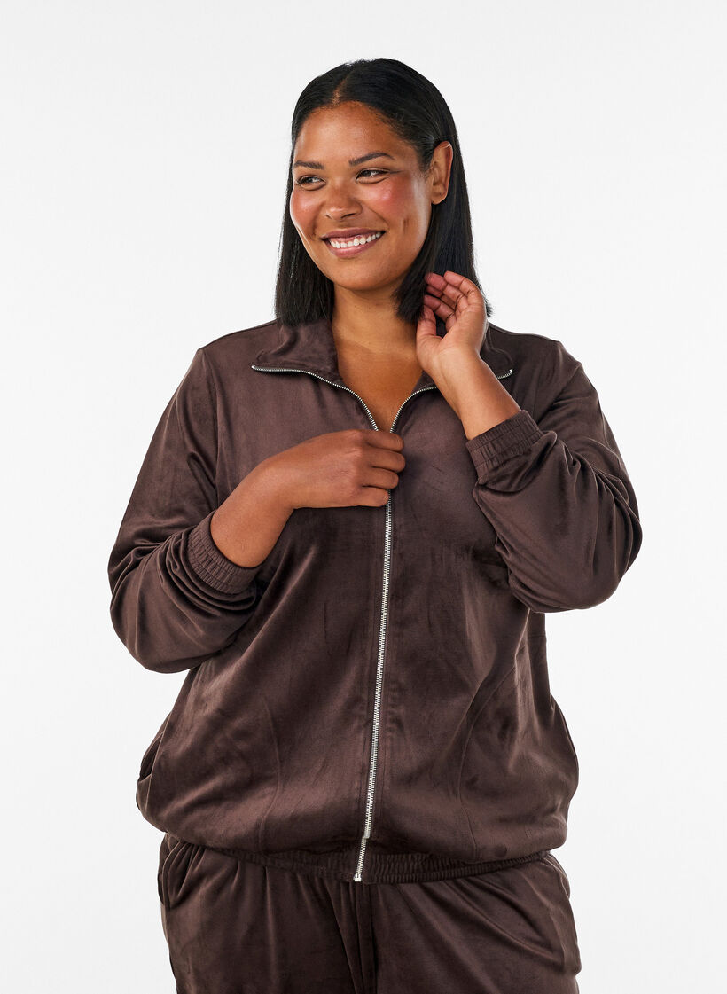 Cardigan i bl&oslash;d velour med lynl&aring;s og h&oslash;j krave, Brun, Model image number 0
