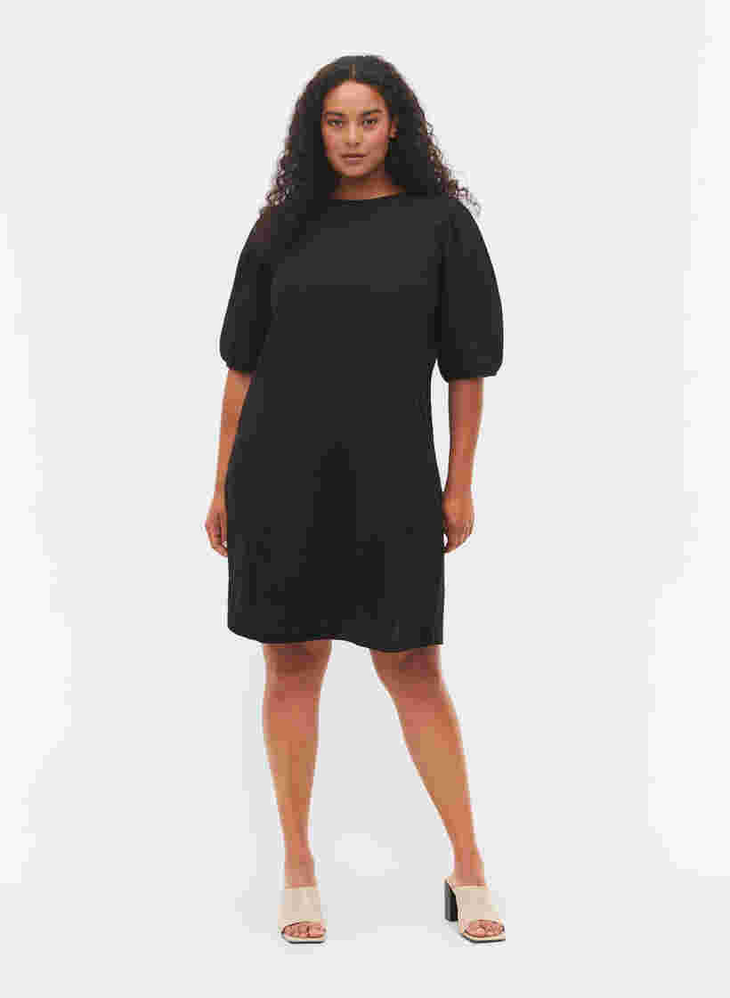 Kjole med strukturmønster og ballonærmer, Black, Model image number 2