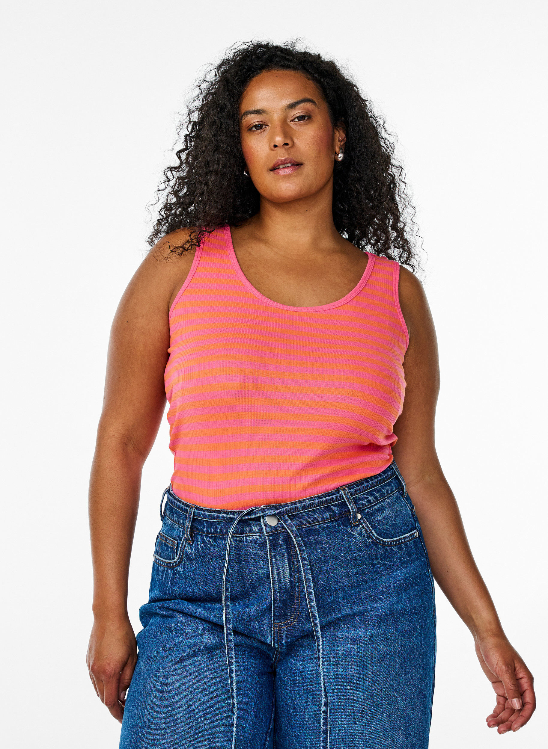 ZizziStribet tanktop med ribstruktur, Orange, Model image number 0