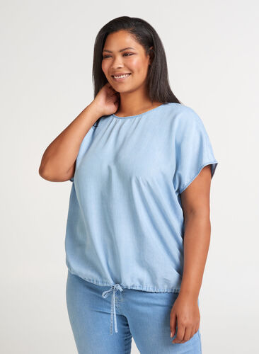 Bluse med korte ærmer, Light blue denim, Model image number 0