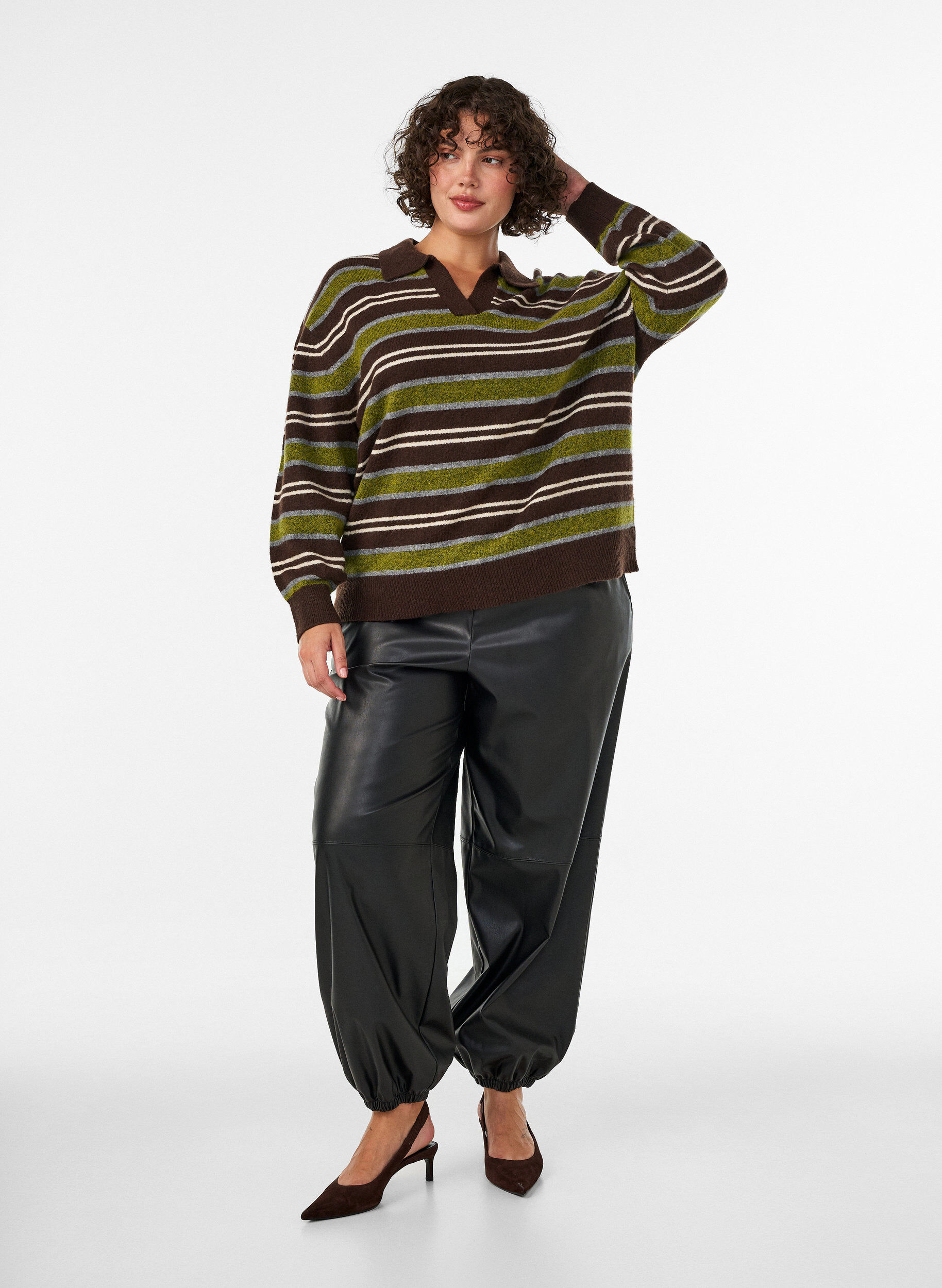 ZizziStrikbluse med striber og polokrave, Brun, Model image number 1