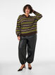 Strikbluse med striber og polokrave, Brun, Model image number 1