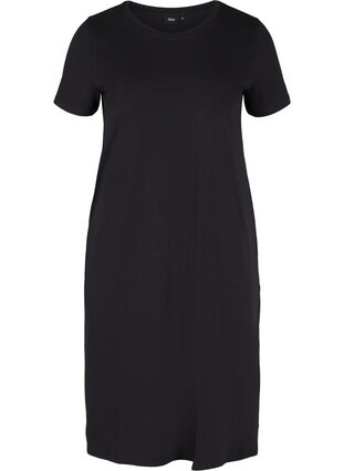 Kortærmet kjole i bomuld med slids, Black, Packshot image number 0