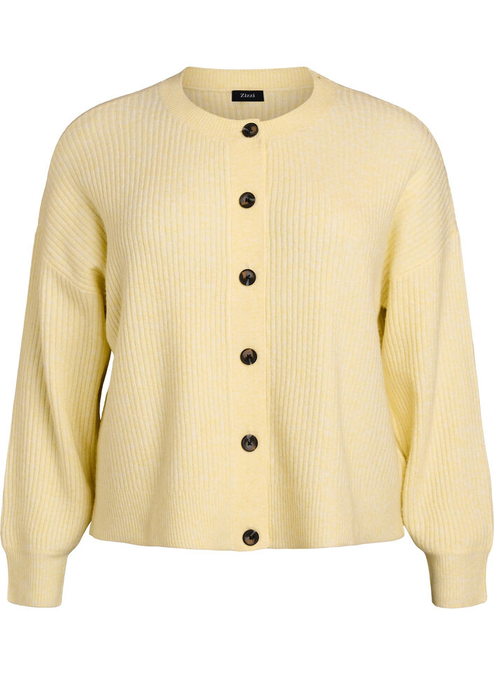 Ribstrikket cardigan med knapper, Gul, Packshot image number 0