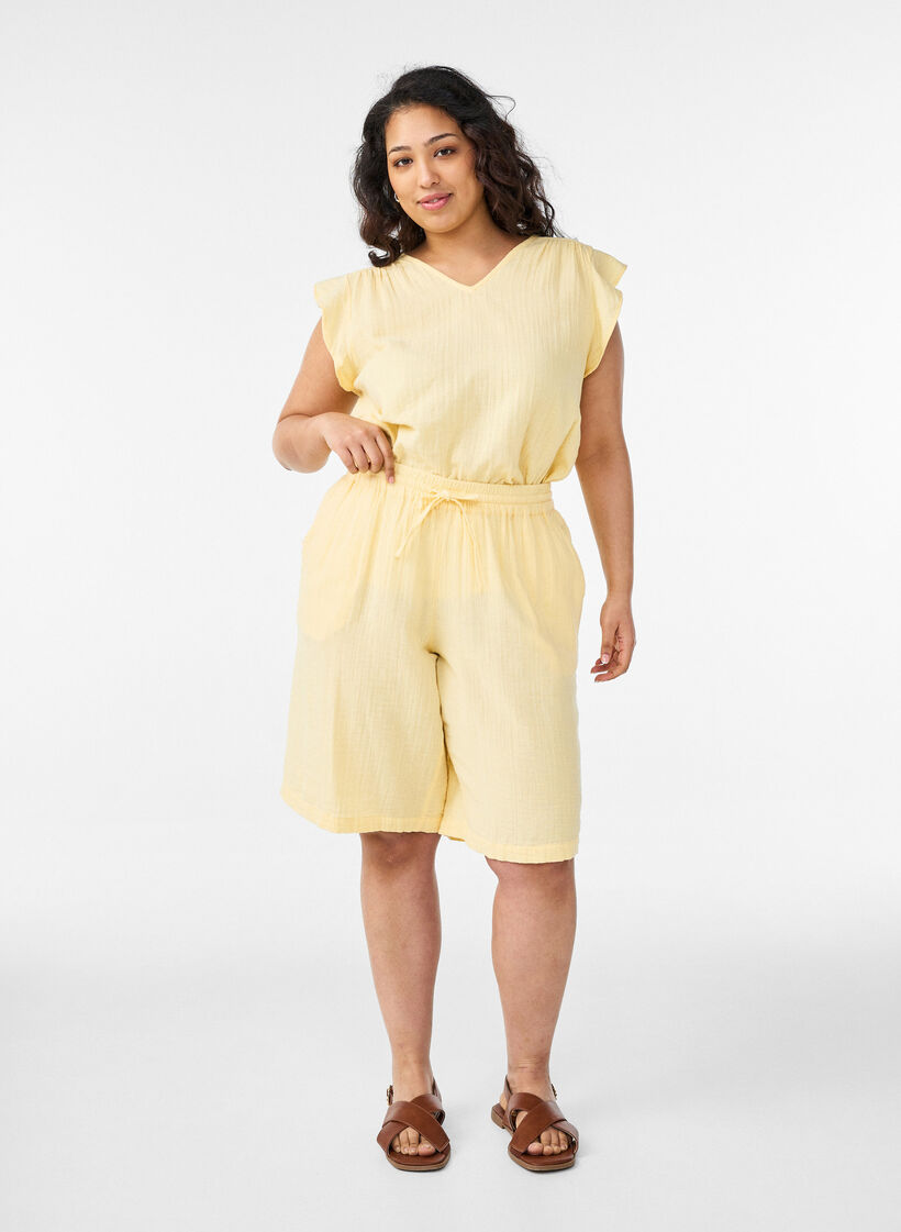 L&oslash;se shorts i bomuldsmusselin med h&oslash;j talje, Gul, Model image number 1