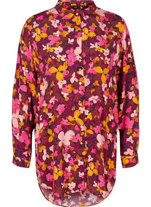 Blomstret viskose tunika med lange ærmer, Hot Pink Flower, Packshot image number 0