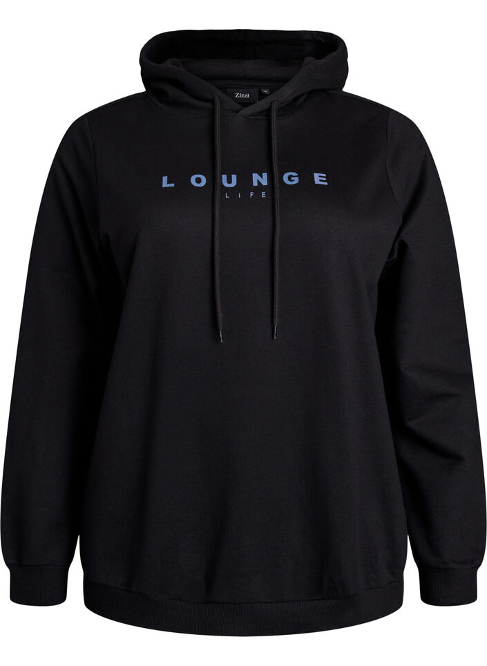 Sweatshirt med h&aelig;tte og print, Sort, Packshot image number 0