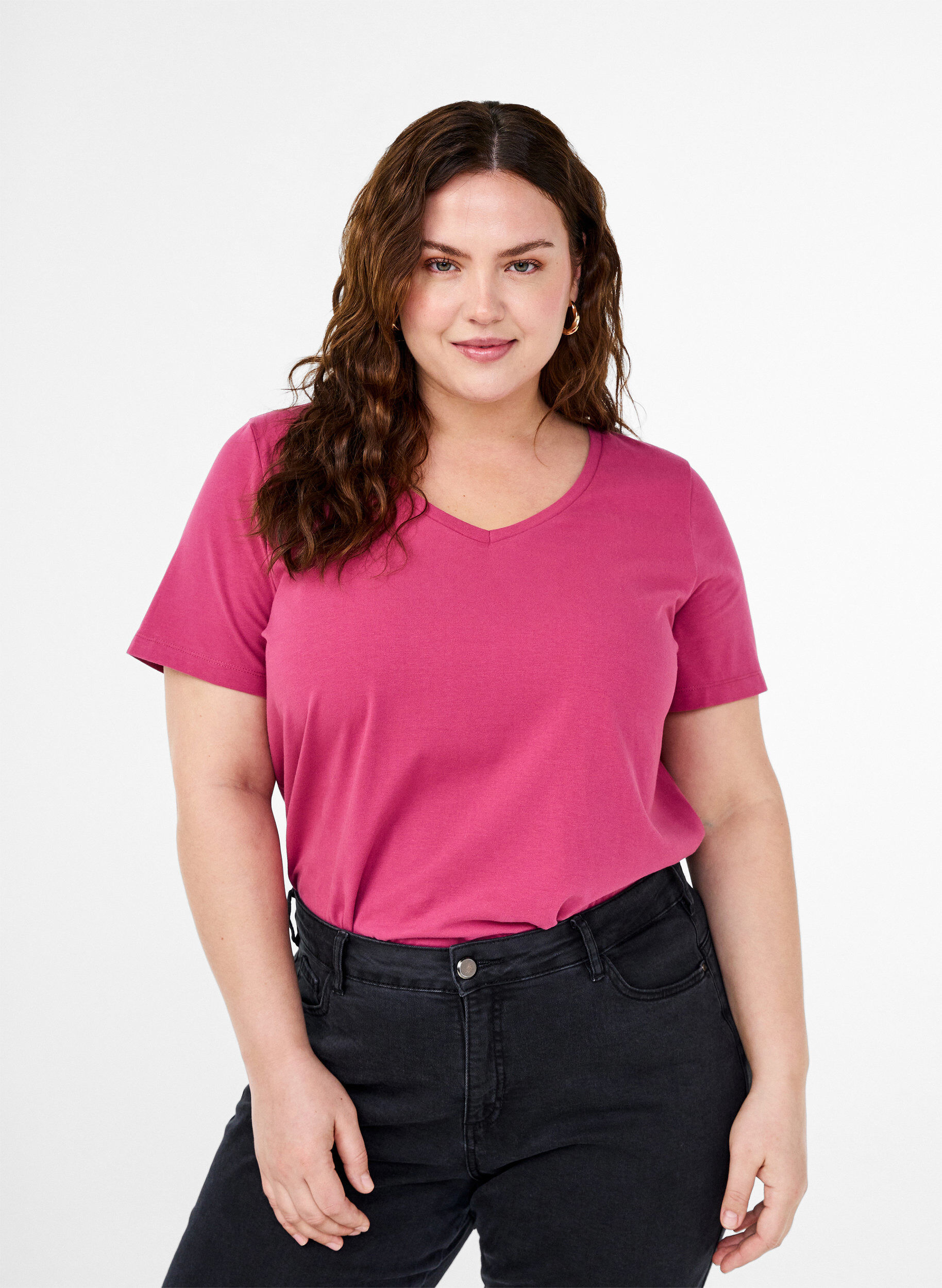 ZizziEnsfarvet basis t-shirt i bomuld, R&oslash;d, Model image number 0