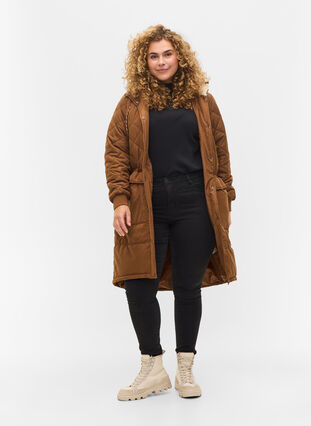Quiltet jakke med hætte og justerbar talje, Toffee, Model image number 3