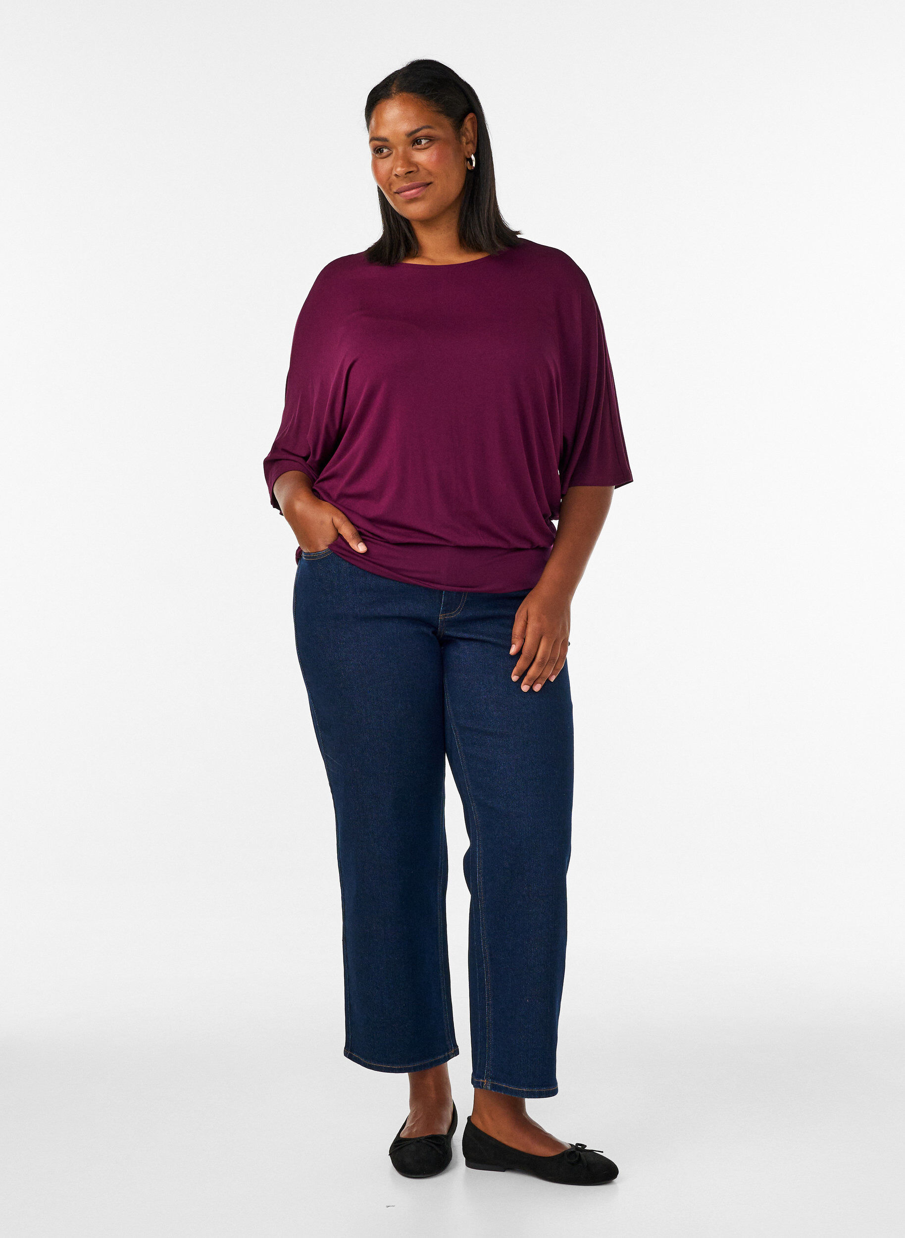 ZizziJerseybluse med albuelange &aelig;rmer og balloneffekt, Lilla, Model image number 1