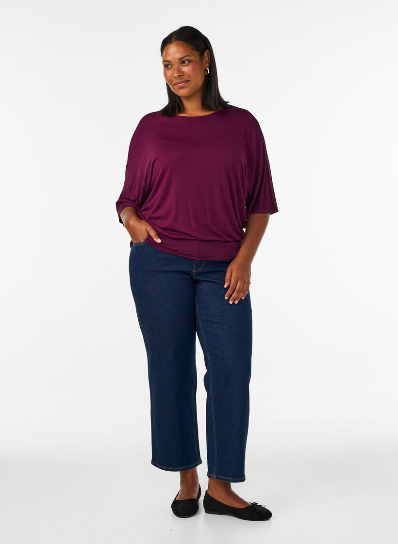 Jerseybluse med albuelange &aelig;rmer og balloneffekt, Lilla, Model image number 1
