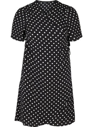 Wrap kjole i print med korte ærmer, Black w White Dot, Packshot image number 0