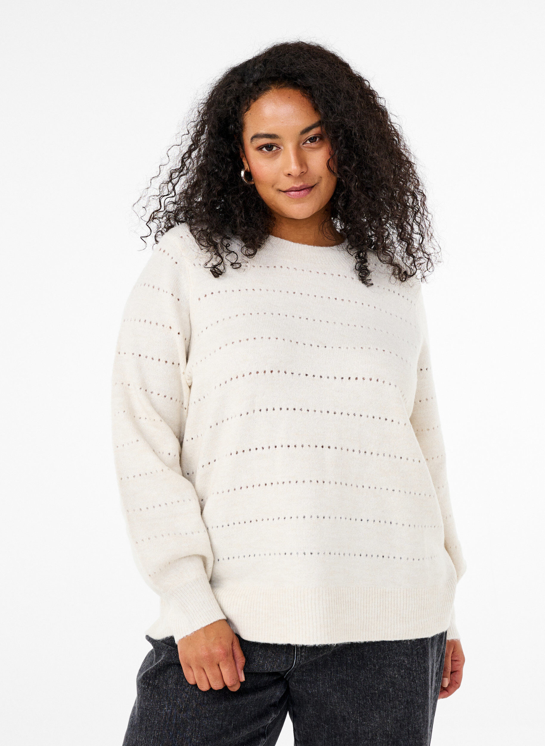 Zizzi Strikbluse med rund hals og hulm&oslash;nster, Birch Mel., Model image number 0