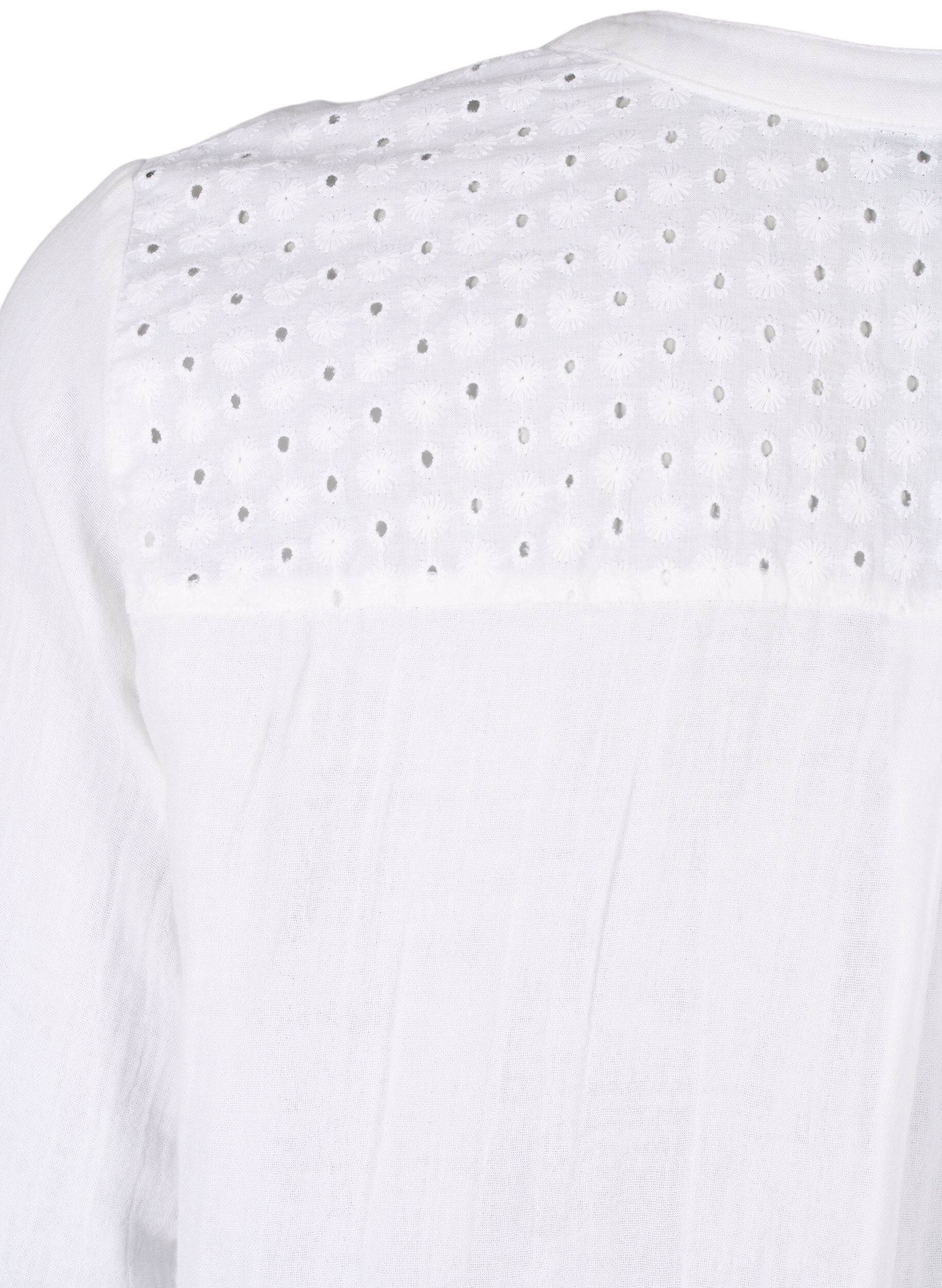 Zizzi Bluse i bomuld med broderi anglaise og 3/4 &aelig;rmer, Bright White, Packshot image number 3