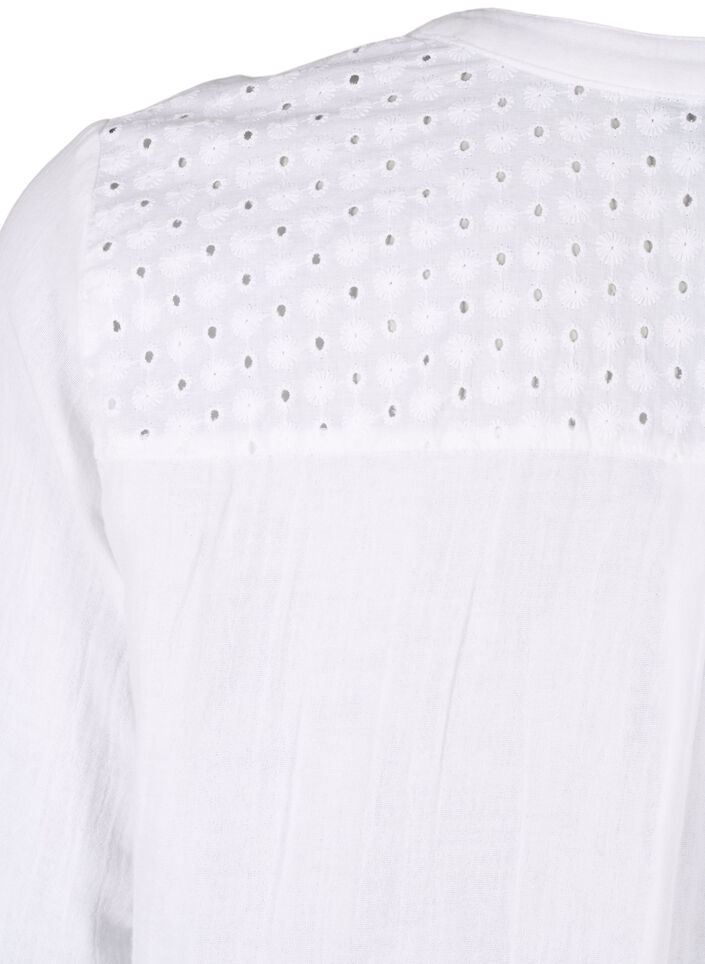 Bluse i bomuld med broderi anglaise og 3/4 ærmer, Bright White, Packshot image number 3