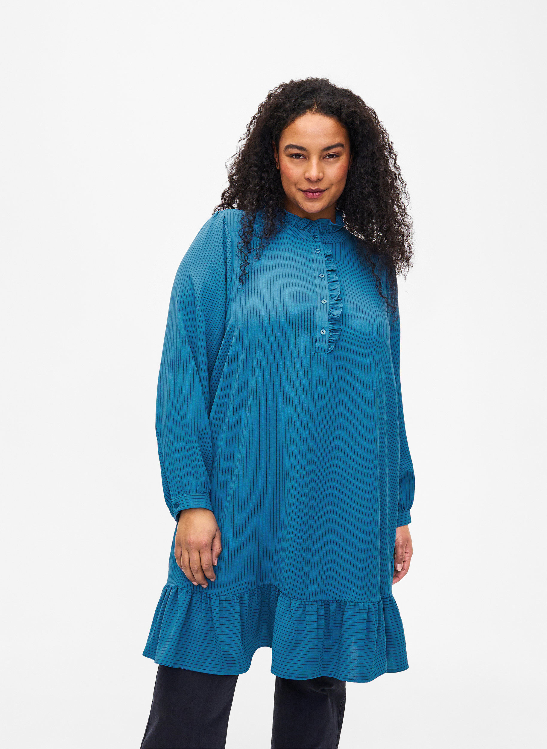 Zizzi Stribet kjole med fl&aelig;sedetaljer, Bl&aring;, Model image number 0