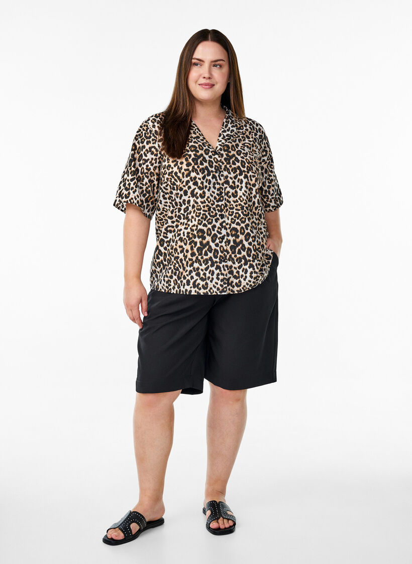 Skjortebluse med print og V-hals, Brun, Model image number 1