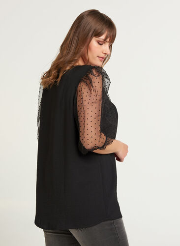 Bluse med transparente pufærmer, Black, Model image number 1