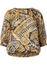 Printet bluse med smock og 3/4 ærmer, Yellow Aztec AOP