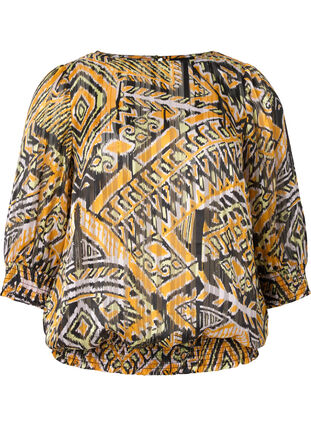 Printet bluse med smock og 3/4 ærmer, Yellow Aztec AOP, Packshot image number 0