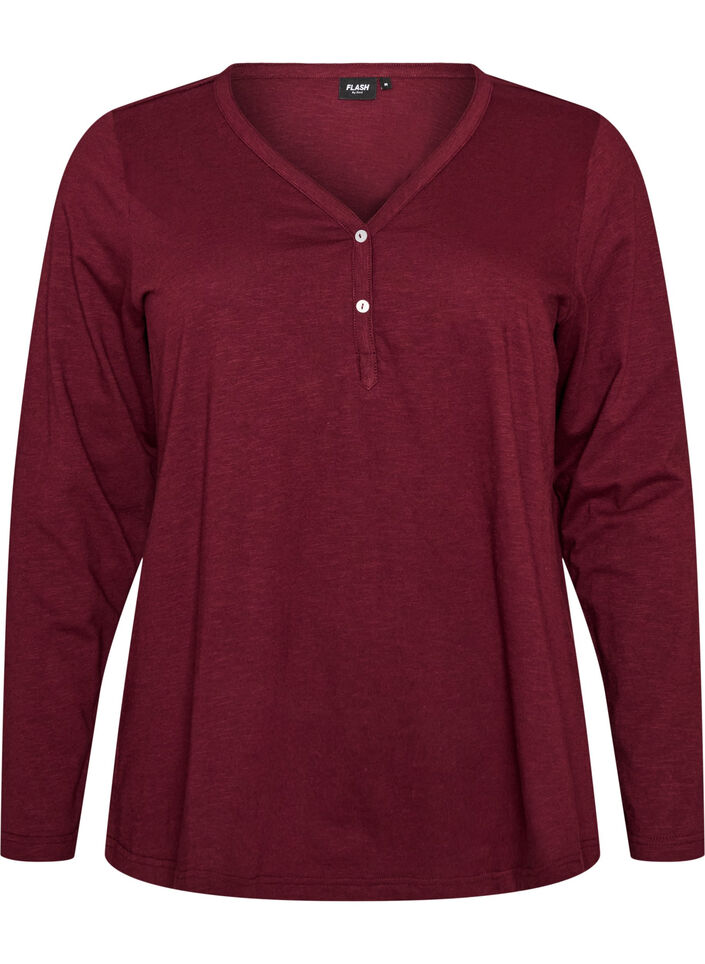 Lang&aelig;rmet t-shirt med V-hals og knapper, R&oslash;d, Packshot image number 0