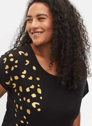 Kortærmet viskose t-shirt med guldtryk, Black Gold , Model image number 2