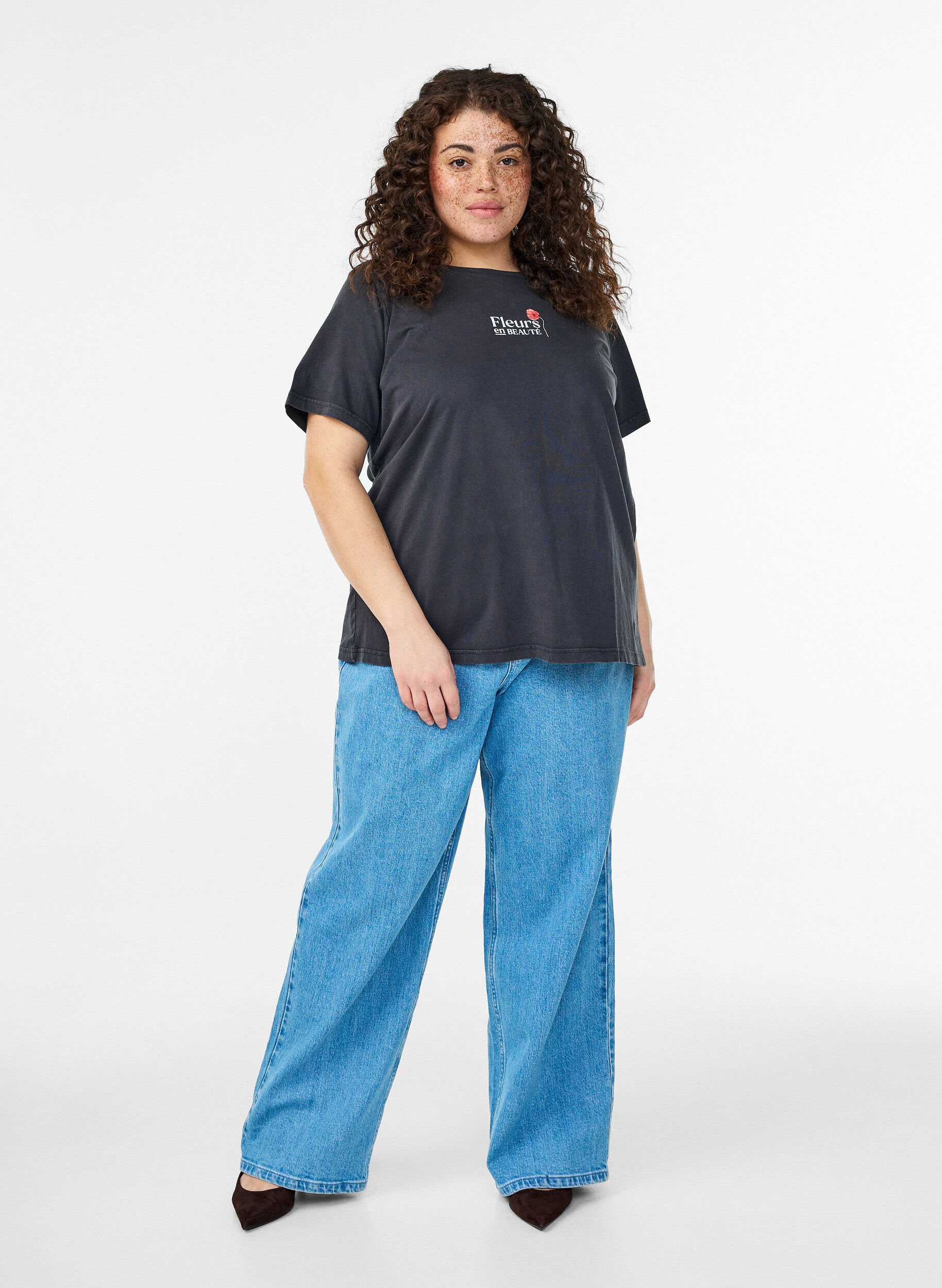 Zizzi T-shirt i bomuld med front- og rygprint, 9991, Model image number 1