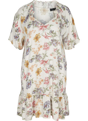 Blomstret viskose kjole med v-udskæring, Creme Vintage Flower, Packshot image number 0