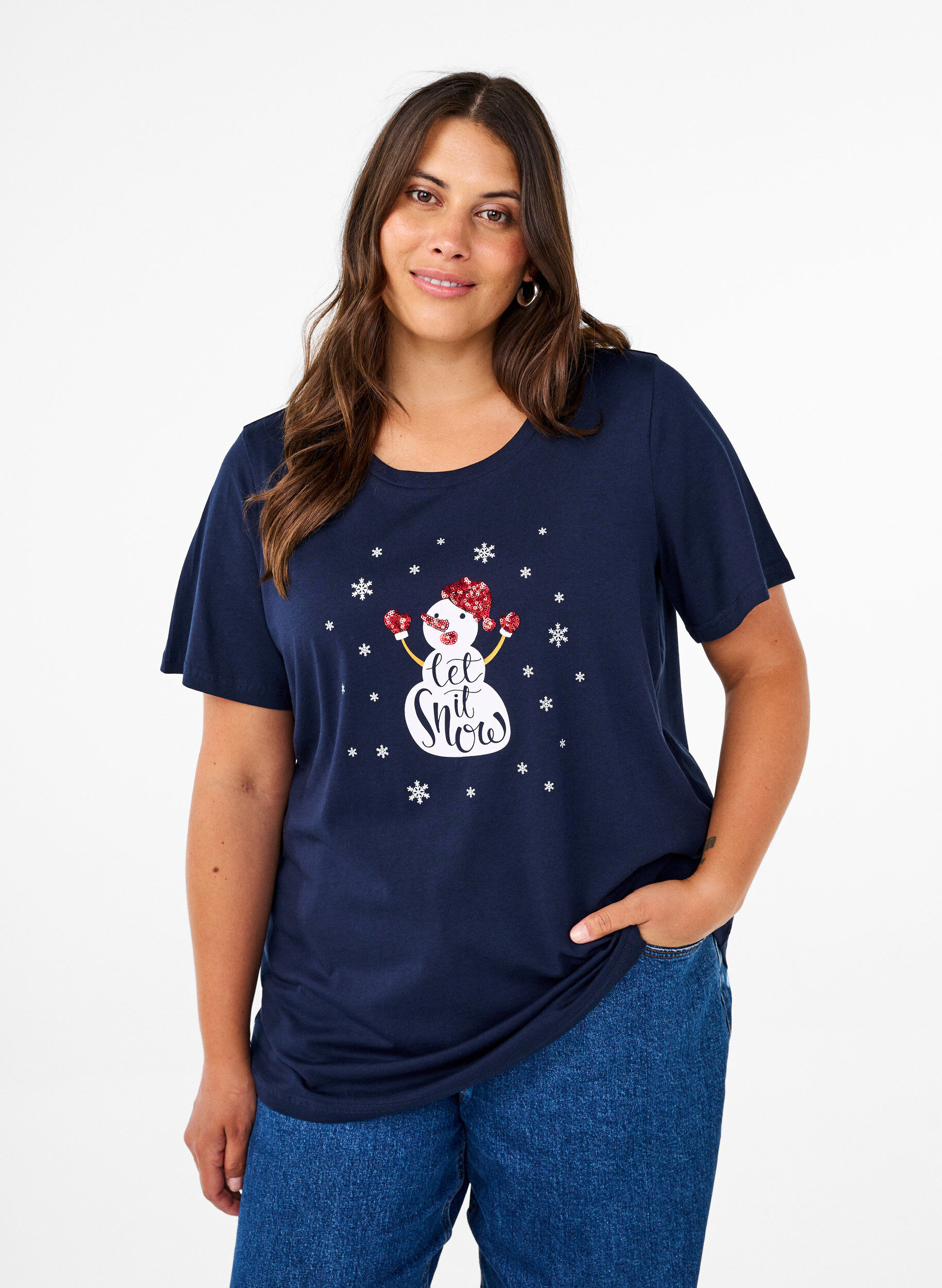 Zizzi Jule t-shirts i 100% bomuld, Navy B. w. LetItSnow, Model image number 0
