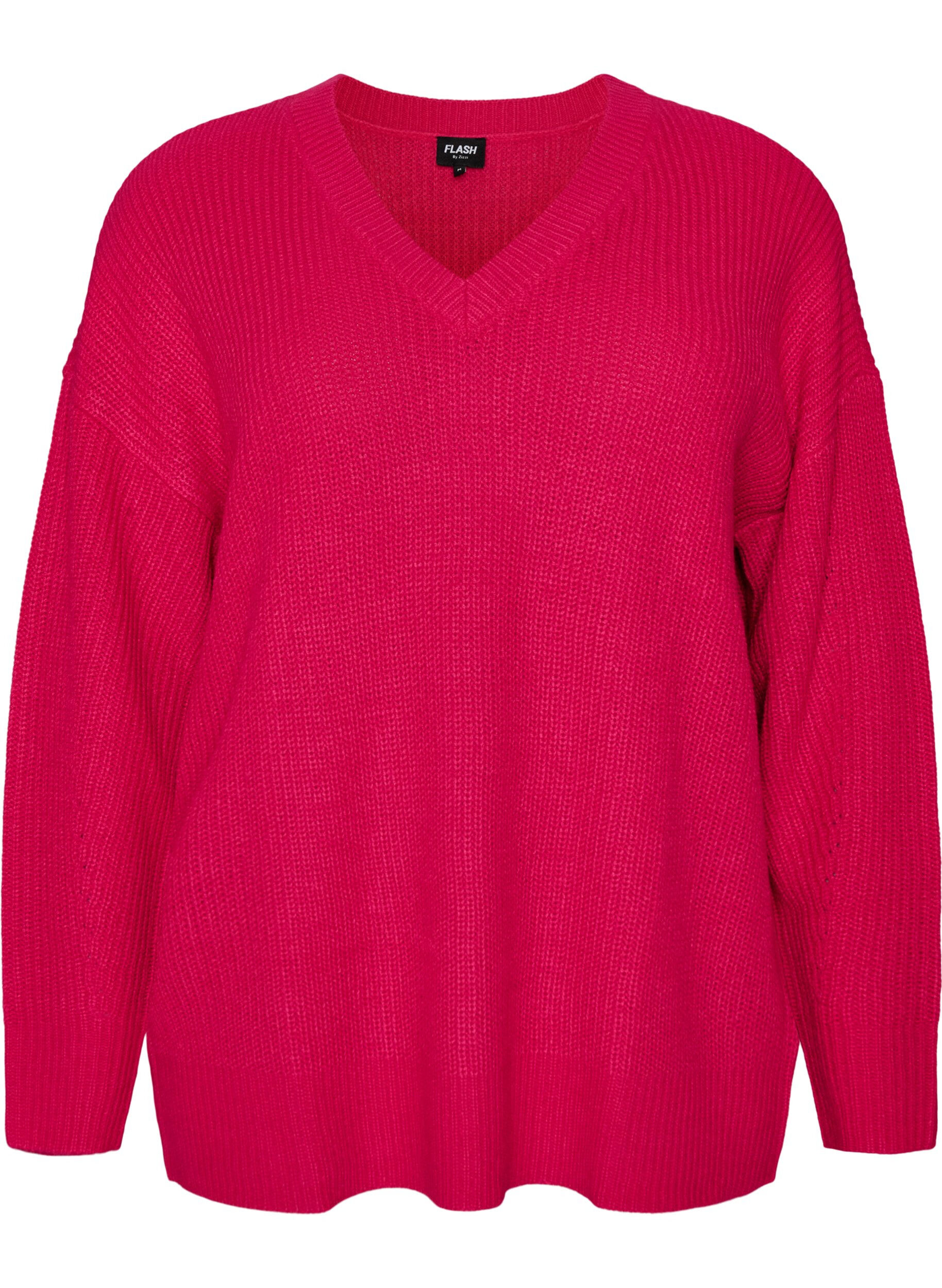 ZizziLang ribstrikket bluse med V-hals, Lyser&oslash;d, Packshot image number 0