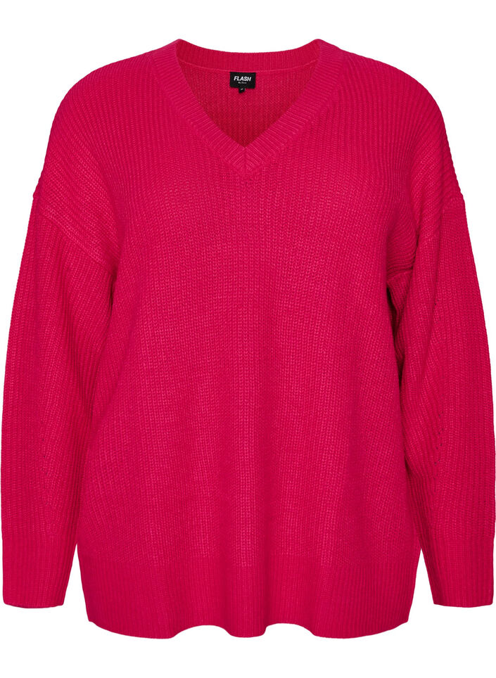 Lang ribstrikket bluse med V-hals, Lyser&oslash;d, Packshot image number 0