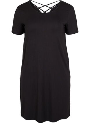 Kortærmet viskose kjole med rygdetalje, Black, Packshot image number 0