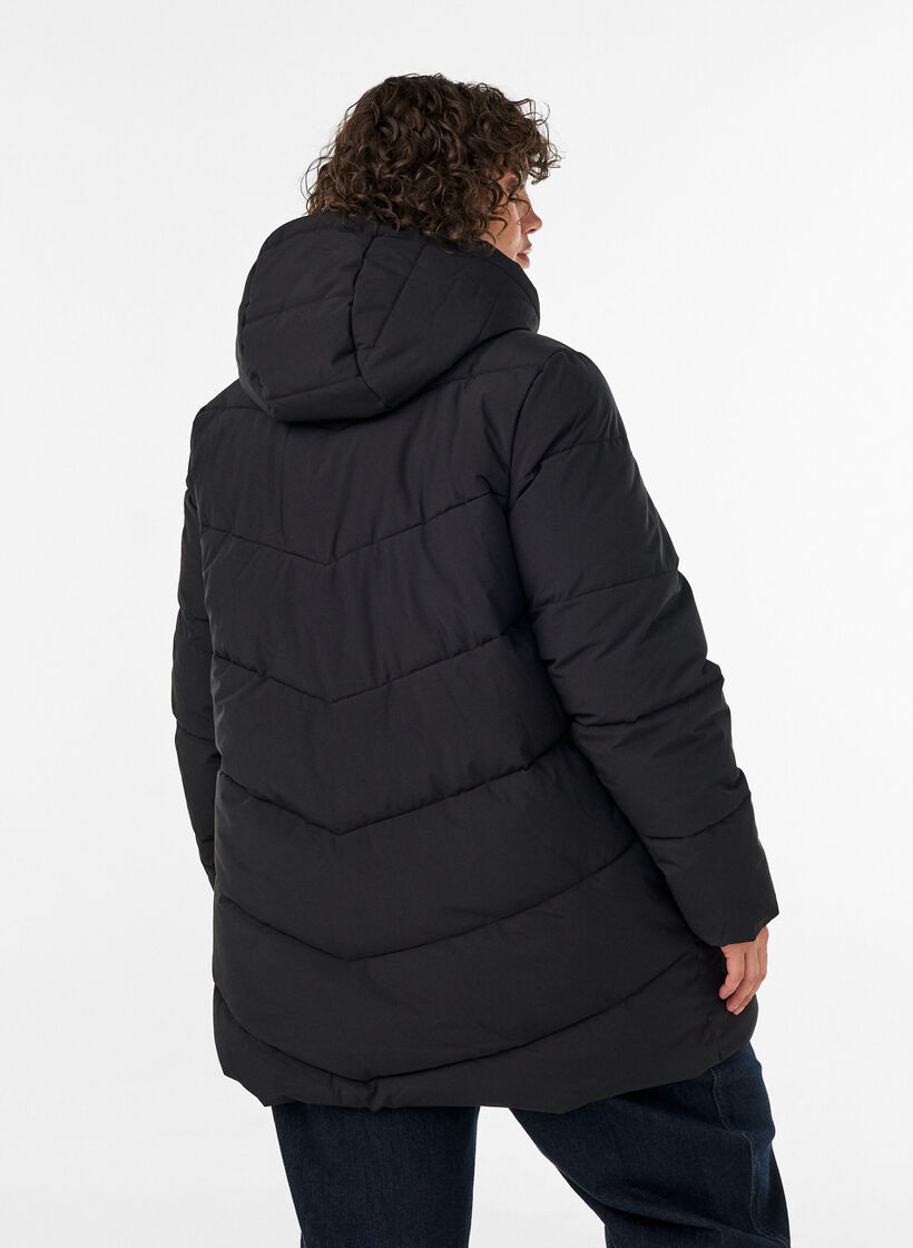 Mellemlang pufferjakke med h&aelig;tte, Sort, Model image number 2
